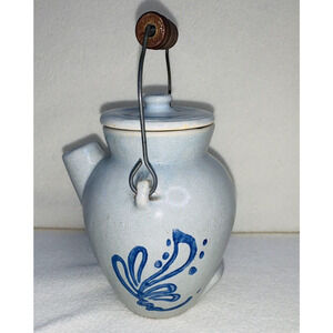 Glazed 5.5" Stoneware Jug Pitcher Hand Painted Blue Design Handle Wood Metal Lid
